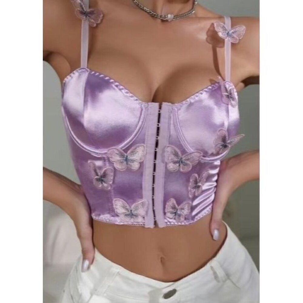 Purple Butterfly Applique Satin Crop Top
